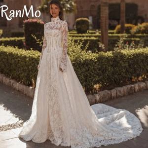 란모 뉴 2025 화이트 웨딩드레스 하이넥 A라인 긴팔 레이스 웨딩 가운 럭셔리 보헤미안 브라이덜 볼 프롬 드레스 맞춤 제작