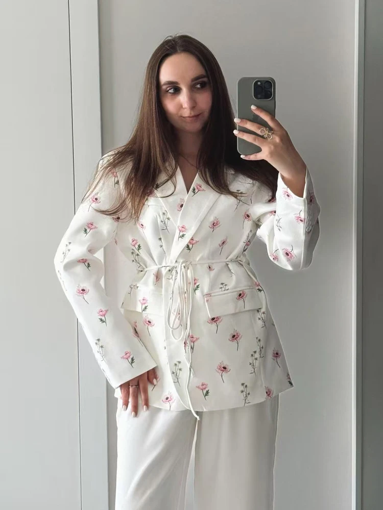 FSMG 신상 플라워 프린트 루즈핏 수트 칼라 코트 여성용 우아한 벨트 허리 조절 수트 재킷 여성 스트릿 시크 탑