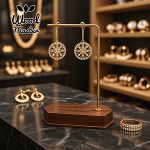 홈 & 소매 주얼리 정리함, 호두나무 + 금속 T - 바, 귀걸이/목걸이용 안정적인 스탠드, 미적 및 기능적