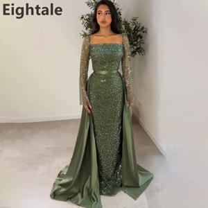글리터 아미 그린 머메이드 이브닝 드레스 스팽글 긴 소매 트레인 프롬 드레스 두바이 공식 파티 가운 맞춤 제작