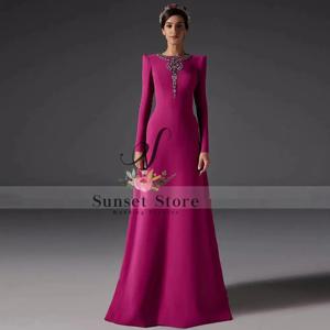 맞춤형 이브닝 드레스 긴 소매 주름 장식 라인스톤 비즈 여성 이브닝 가운 A라인 O넥 맞춤형 행사 드레스