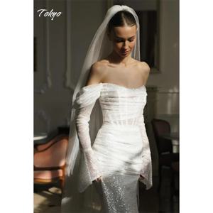 도쿄 맞춤형 화이트 오프숄더 웨딩드레스 긴팔 뒤 지퍼 브라이덜 가운 섹시 머메이드 코트 트레인 웨딩드레스