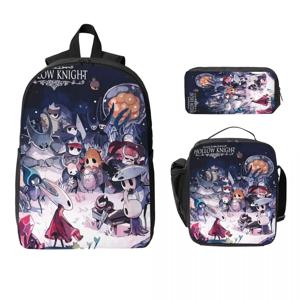 3피스 할로우 나이트 굿즈 백팩 세트 (남아/여아용) 연필꽂이, 책가방, 도시락 가방 포함 (학생용)