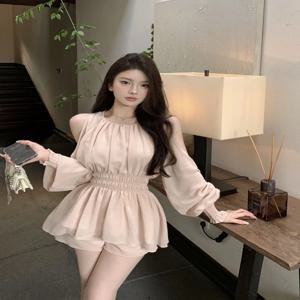 스위트 숄더 베어드 시폰 셔츠 드레스 투피스 세트 캐주얼 하이웨이스트 숏팬츠 봄 가을 웨어 편안한 개더드 웨이스트