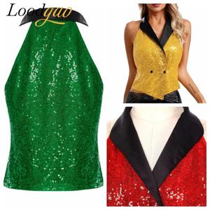 여성용 반짝이는 민소매 조끼 레이브 음악 축제 글리터 스팽글 수트 조끼 브이넥 힙합 재즈 댄스 의상