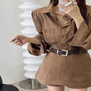 한국 스타일 긴팔 셔츠와 미니 스커트 작업복 스타일 여성 패션 세트 가을 컬렉션 투피스 수트 퓨어 컬러