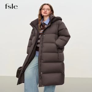 FSLE 2025 겨울 여성용 롱 다운 코트 스탠드 칼라 후드 스트레이트 컷 보온 패딩 방풍 아우터웨어 추운 날씨용
