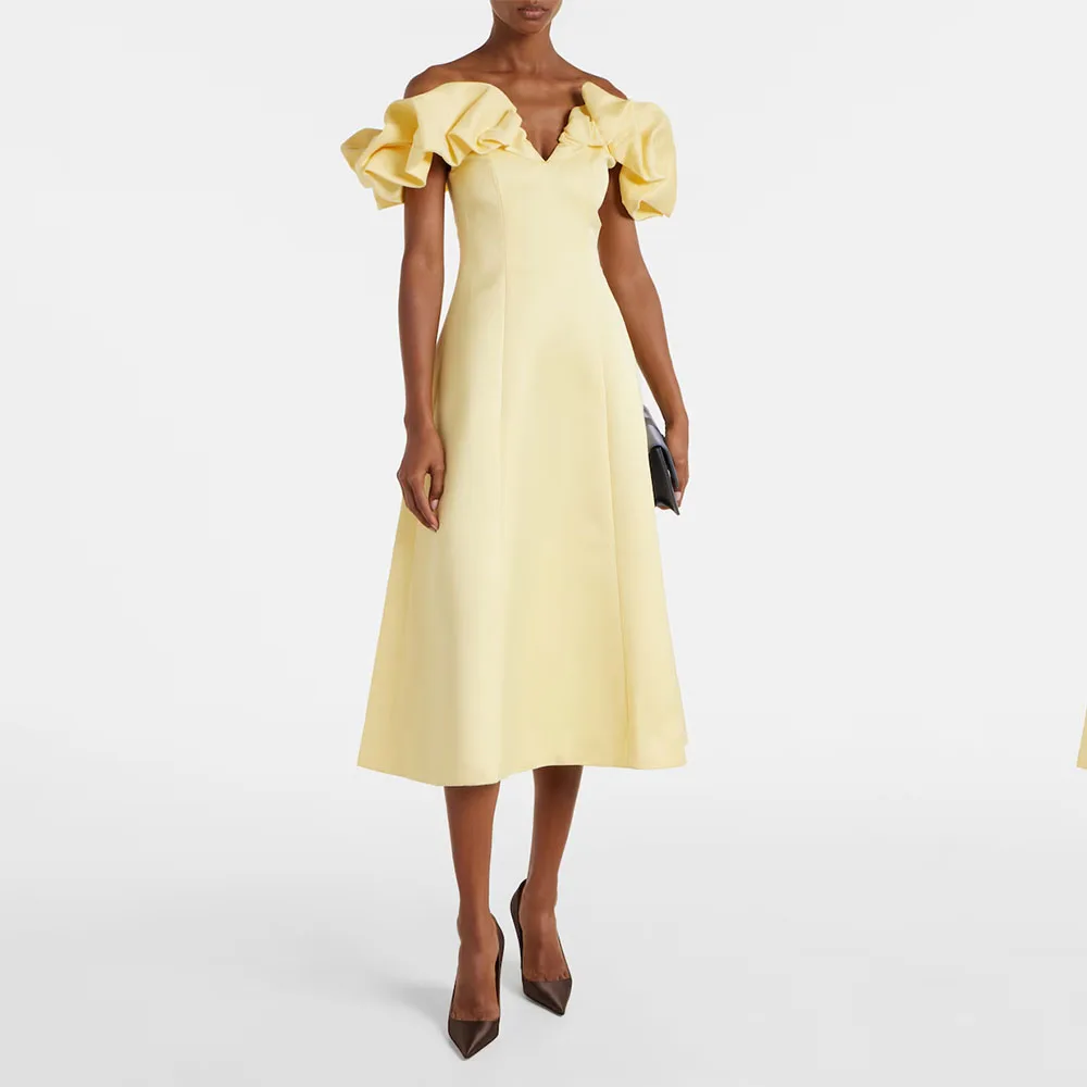 모던 옐로우 새틴 여성 이브닝 가운 A라인 티 길이 정장 파티 드레스 오프숄더 사우디 드레스 민소매 프롬 드레스