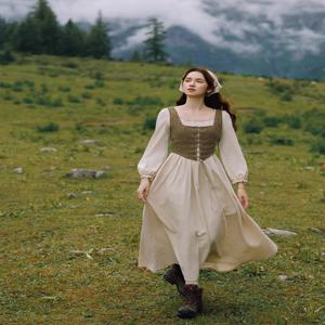 티이하일리 봄 가을 여성 코튼 린넨 드레스 긴팔 롱 맥시 여성복 S-XL 빈티지 하이웨이스트 신상 2피스 스퀘어 넥