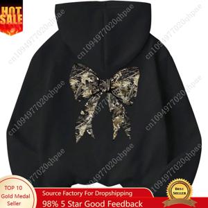 여아용 리본 카모 후드티 긴 소매 후드넥 그래픽 스웨트셔츠 귀여운 풀오버 탑