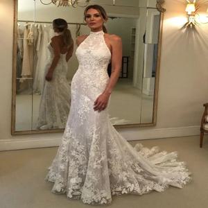 플라빈케 맞춤형 레이스 머메이드 웨딩드레스 신부 가운 홀터 아플리케 스윕 트레인 플러스 사이즈 버튼 베스티도 데 노비아