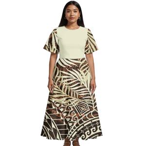 새로운 디자인 여성 플레어 슬리브 드레스 맞춤 하와이 사모아 프린트 폴리네시안 트라이벌 이브닝 드레스 플러스 사이즈 파티 가운