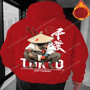 남성용 일본 애니메이션 사무라이 후드 스웨트셔츠 - 한쪽 방향으로 흐르는 기모노 디자인과 한자 레터링 사무라이 전사 프린트, 루