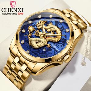 CHENXI 남성 비즈니스 럭셔리 풀 스틸 골든 쿼츠 시계 탑 브랜드 방수 날짜 표시 발광 스크래치 방지 패션 손목시계