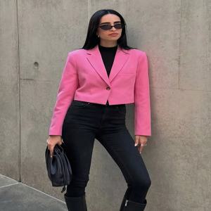 여성 우아한 패션 핑크 숏 블레이저 코트 슬림 긴팔 싱글 버튼 재킷 여성 캐주얼 오피스룩 시크 수트 탑