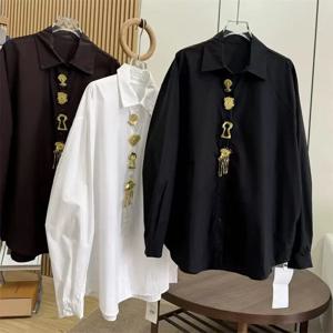 럭셔리 브랜드 디자인 탈부착 가능한 스팽글 코튼 블라우스 셔츠 여성 2026 봄 트렌드 긴팔 블랙 화이트 탑 여성 의류