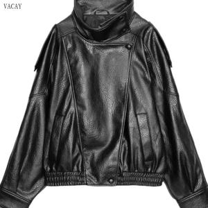 VACAY 시리즈 레트로 오토바이 스타일 스탠드 칼라 재킷 아우터 여성용 초단기장 긴팔 가죽 코트
