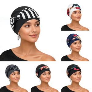 트렌디한 무슬림 여성용 부드러운 스트레치 터번 모자, 미리 묶인 헤드스카프, 패션 프린트 히잡, 반다나, 항암치료용 비니, 캡 커버