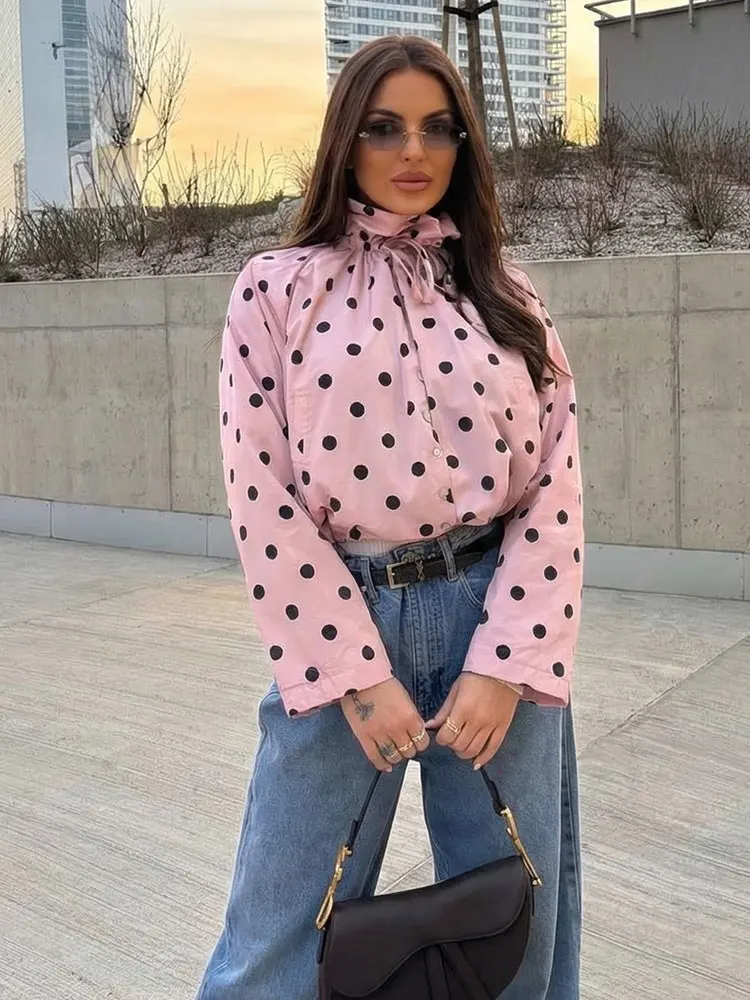 HH 여성 우아한 패션 폴카 도트 핑크 재킷 싱글 브레스트 하이 칼라 드로스트링 코트 봄 여성 트렌드 스트리트 아우터
