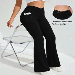 여성용 슈퍼 소프트 크로스오버 하이웨이스트 플레어 레깅스 포켓 포함, 복부 보정 요가 부츠컷 벨 바텀 팬츠