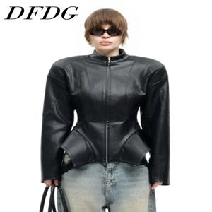 DFDG 여성용 2026 봄 여름 인조 가죽 재킷 스탠드 칼라 지퍼업 페플럼 밑단 핏 우아한 스트리트웨어 아우터웨어 레더 재킷