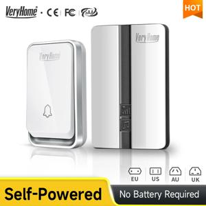 무선 초인종 방수 자체 전원 버튼 스마트 도어벨 세트 홈 웰컴 아웃도어 하우스 차임 EU AU US 플러그 수신기, 셀프 파워 버튼 도어벨