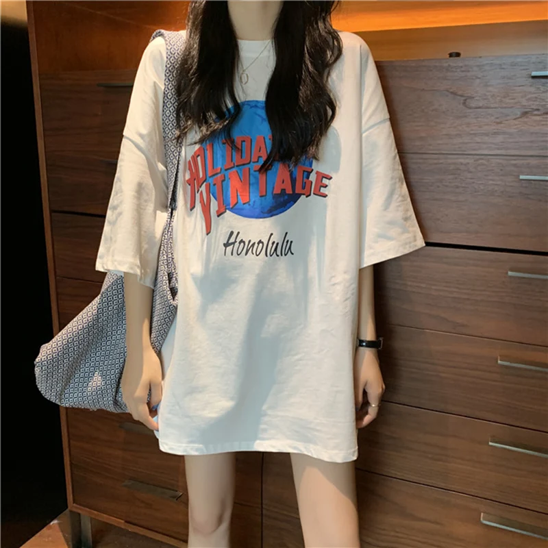 루즈핏 순면 플러스 사이즈 티셔츠 반팔 중간 길이 캐주얼 탑 젊은 감각의 한국 스타일 라운드넥 프린트 디자인