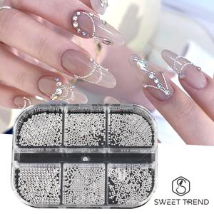 6 그리드 미니 캐비어 네일 비즈 0.6-2mm 실버 스테인레스 비즈 쥬얼리 금속 작은 공 DIY 매력 액세서리 매니큐어 장식