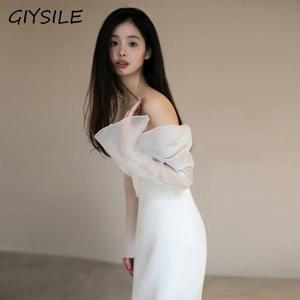 GIYSILE 원 숄더 새틴 라이트 웨딩 드레스, 심플하고 슬림 피트 스위트 긴팔 신부 이브닝 가운 Vestidos De Novia