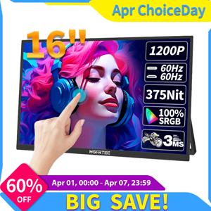 HGFRTEE 16인치 터치 휴대용 모니터 16:10 96%sRGB 350Cd/m² 노트북용 보조 화면 홀더 스탠드 포함 타입-C HDMI 호환