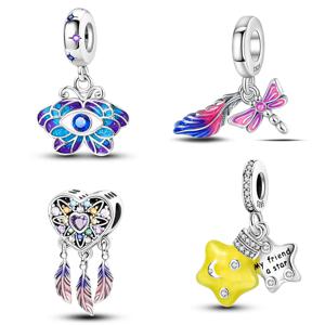 925 스털링 실버 화려한 나비 잠자리 깃털 매력 빛나는 별 펜던트 맞는 원래 팔찌 파인 DIY 쥬얼리