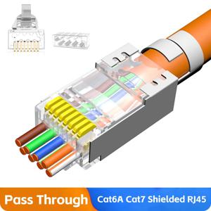 10PCs Cat6A Cat7 통과 차폐 RJ45 커넥터 8P8C 금도금 모듈형 Cat 7 고속 전송 데이터 플러그 크리스탈 헤드
