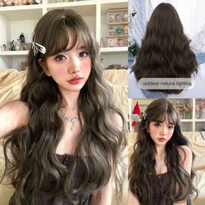 여성용 다크 다크 브라운 예쁜 로리타 합성 가발, 앞머리, 긴 웨이브 헤어, 데일리 사용, 코스프레 파티 내열성, 28 인치
