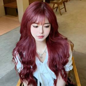 여성을위한 새로운 합성 합성 섬유 가발 에어 앞머리 긴 머리 큰 파도 와인 레드 고온 실크 가발 헤드 커버