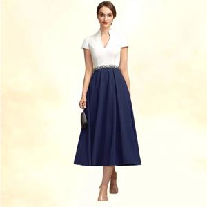 화이트 네이비 신부 어머니 드레스, 웨딩 모자 소매, 미디 웨딩 하객 가운, A 라인, V 넥, 짧은 파티 원피스