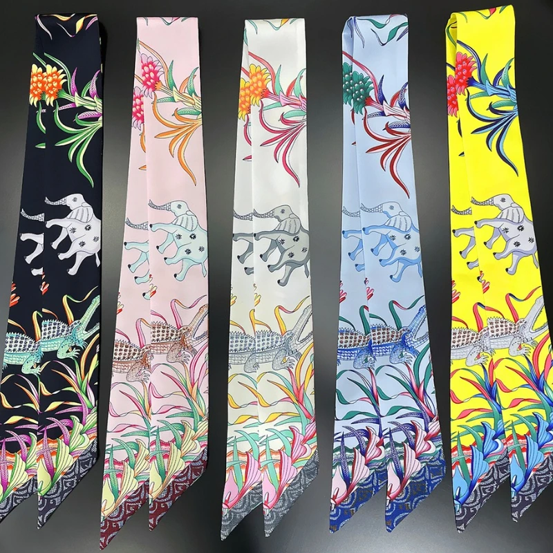 90x5cm 동물 프린트 스 트리머 여성용 새 모델 에뮬레이트 실크 코끼리 프린트 스카프 패션 납치 리본 머리띠 스카프