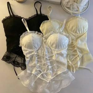 섹시 크롭탑 여성 코르셋 레이스 붕대 티셔츠 캐미솔 여성 슬링 탱크탑 패션 민소매 조끼