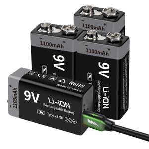 Kuugro USB 9V 충전식 배터리 1100mAh 타입-C 충전식 6F22 9V 리튬 이온 배터리 RC 헬리콥터 모델 멀티미터 장난감용