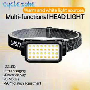 휴대용 충전식 헤드램프, 32 LED, 5 가지 모드 조절 가능 헤드라이트, 야외 모험, 야간 낚시, 워킹 하이킹