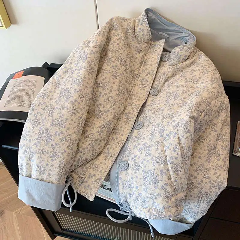여성용 블루 프린트 스탠드업 칼라 코튼 재킷, 2024 캐주얼 루즈한 한국 버전, 달콤한 따뜻한 코튼 재킷, 겨울 신상