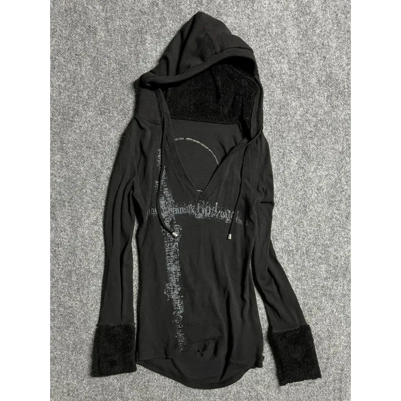 Deeptown Y2k 여성용 블랙 빈티지 프린트 후드, V넥 긴팔, 미국 패션, 후드 맨투맨 스트리트웨어, 힙합 용수철