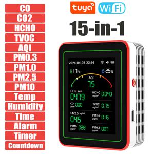 홈공기 품질 모니터Tuya WiFi 15 in 1TFT 디스플레이 휴대용 AQI PM0.3 PM1.0 PM2.5 PM10 CO CO2 TVOC HCHC 테스터 APP Co 이산화탄소 측정기