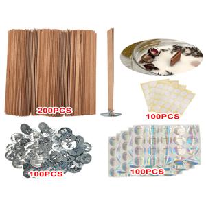 양초용 체리 나무 양초 심지, 나무 양초 심지, 무연 울림, 철 브래킷 포함, 양초 접착제 점, 양초 경고 라벨 DIY 양초 만들기용 100개/200개