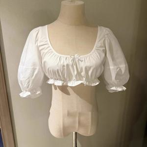 여성용 짧은 버블 슬리브 셔츠 U넥 노출 허리 나비 매듭 탑 화이트 티 인형 스타일 여름 패션 트렌드