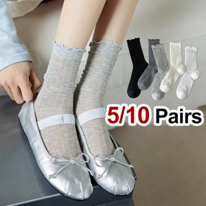 5/10 쌍 여성 솔리드 컬러 메쉬 미드 튜브 양말 여름 경량 통기성 세련된 물결 모양의 가장자리 발레 스타일 캐주얼 양말
