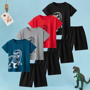 소년과 소녀를 위한 2피스 아동용 여름 속건성 스포츠 슈트, 멋진 공룡 프린트 반팔 상의, 검은색 반바지
