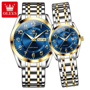 OLEVS 3666 커플 시계 클래식 듀얼 캘린더 스테인레스 스틸 방수 야광 디지털 다이얼 오리지널 쿼츠 시계 남녀