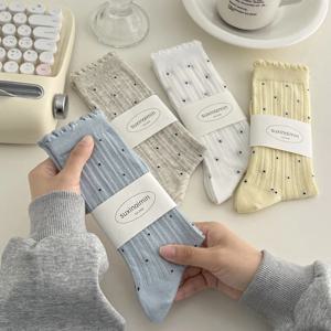 여름 얇은 물방울 무늬 여성 양말 레트로 하라주쿠 코튼 크루 양말 여성 소녀 패션 부드럽고 편안한 일본 귀여운 삭스