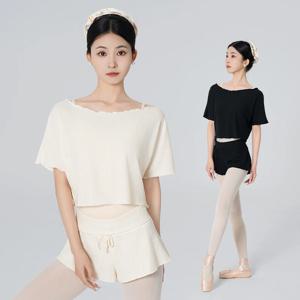 여성 크롭 댄스 탑 오프숄더 반팔 티셔츠 발레 연습복 커버업 여름