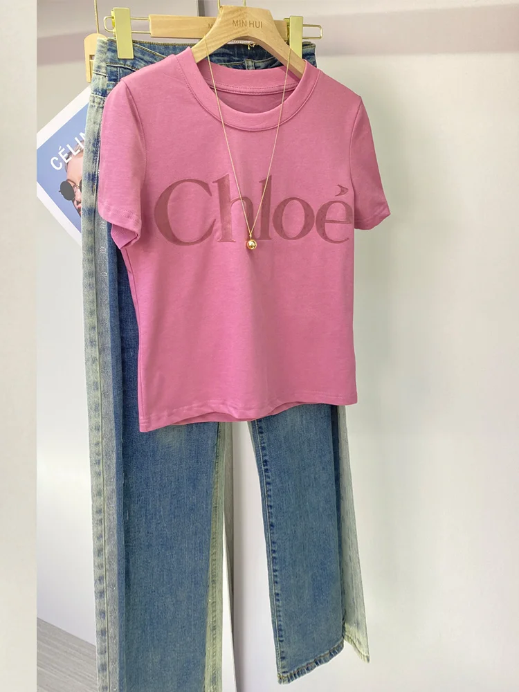 시크한 레터 프린트 반팔 티셔츠 여성용 예쁜 슬리밍 탑 여름 패션 핑크 스트레이트 컷 레귤러 핏 라운드 넥